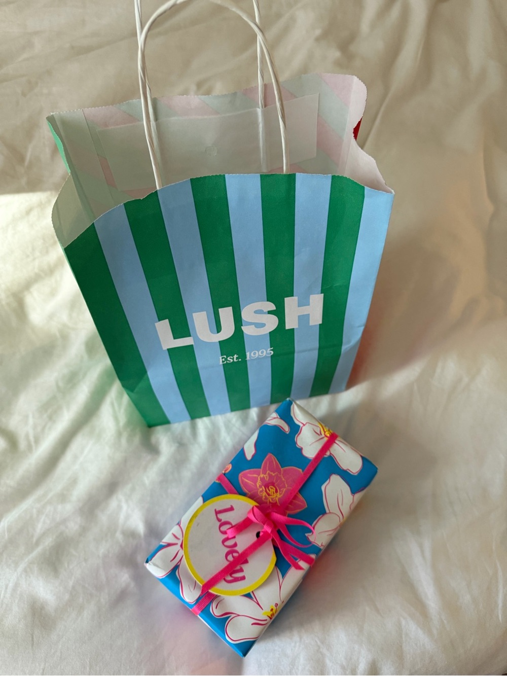 Lush Green & Blue Striped Gift Bag with Pink-Accented Floral Wrapped Soap